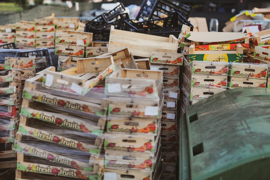 A large outdoor collection of discarded wooden fruit boxes, stacked in various orientations, with some empty and others partially filled with unknown debris. The boxes are primarily light-colored, made of unfinished wooden planks, and feature printed labels with images of fruits and the words 'fresh fruits' on their sides. They are arranged on a paved surface, possibly a driveway or storage yard, with a green waste bin visible in the foreground on the right side of the image. The background contains additional black plastic crates and other miscellaneous waste items, suggesting a cleanup or disposal scene associated with rubbish removal services. Overhead lighting reveals natural daylight, highlighting the textures of the wood and the bright, colorful fruit graphics on the boxes. This scene represents an environment where independent collection or disposal of bulk waste, like packaging materials, might be handled prior to professional rubbish clearance by Rubbish Removal Colliers Wood, in alignment with targeted waste management in the area.
